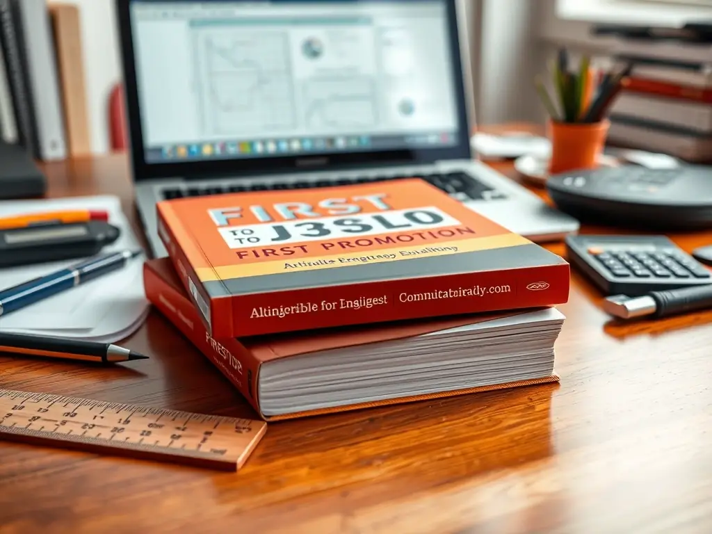 A close-up shot of the book 'First Job to First Promotion' resting on a desk with engineering tools and a laptop in the background, symbolizing the practical application of the book's advice.