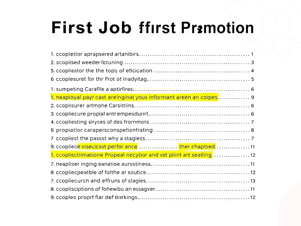 An image of the table of contents from the book 'First Job to First Promotion', highlighting key chapters and sections relevant to career advancement.